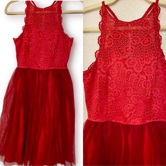 Red Formal dress gown lace halter top tulle skater tutu skirt fit and flair -S - Picture 1 of 14
